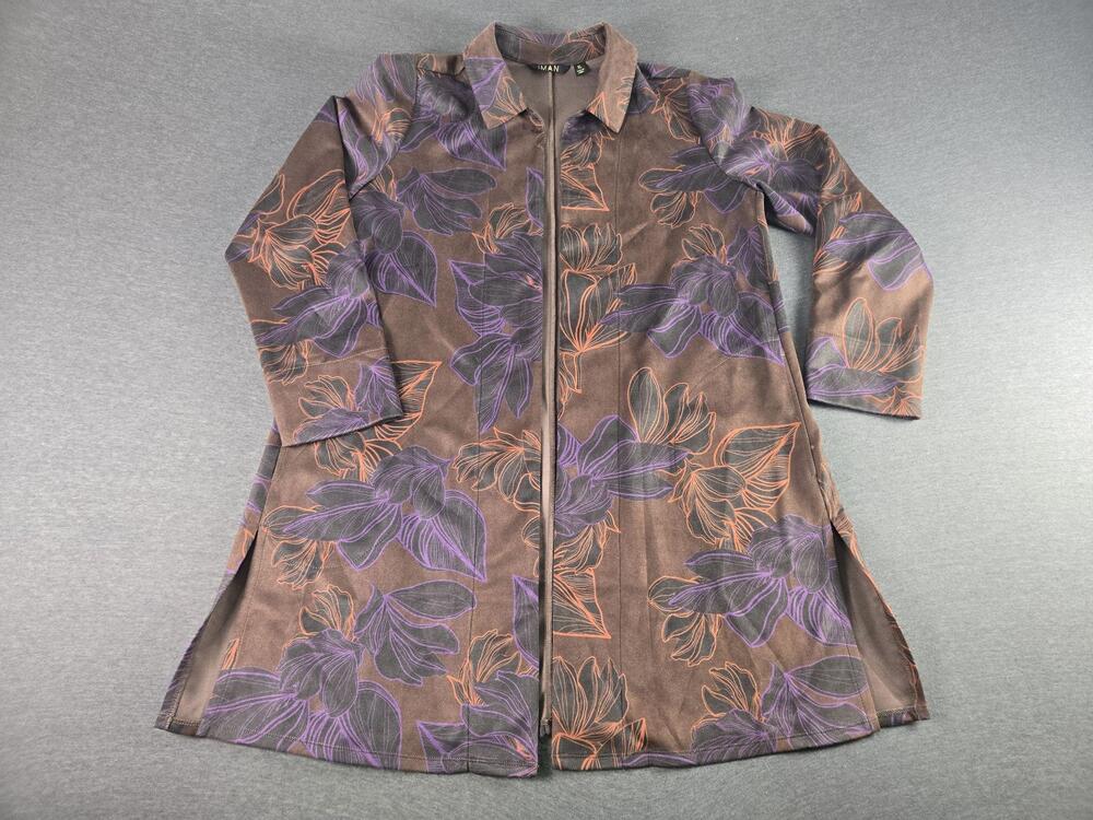 IMAN Global Chic Coat Womens XL Brown Floral Faux Suede Mid Length Topper